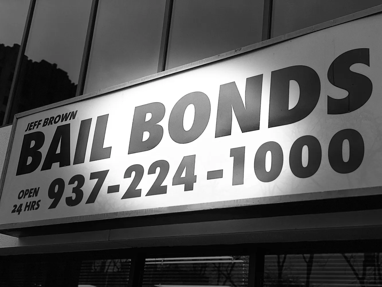 Jeff Brown Bail Bonds Dayton office sign — Open 24 Hours, 937-224-1000